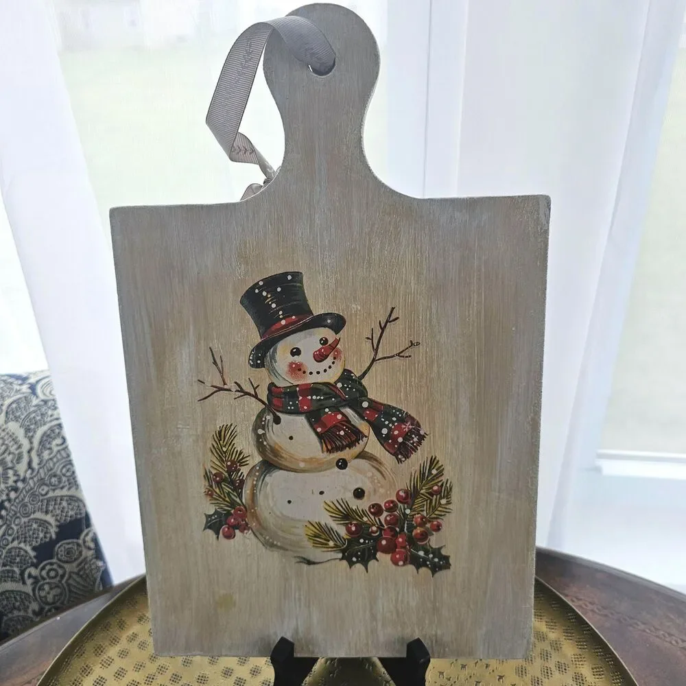Upcycled Reversible Wood Cutting Board Sign – Vintage Plum & Winter Snowman
